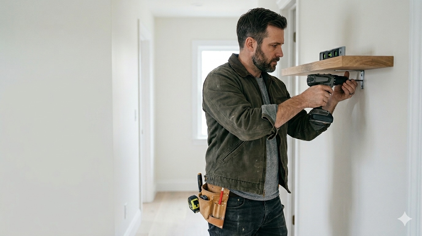 Tyler Home Services handyman mounting a shelf to a residential wall